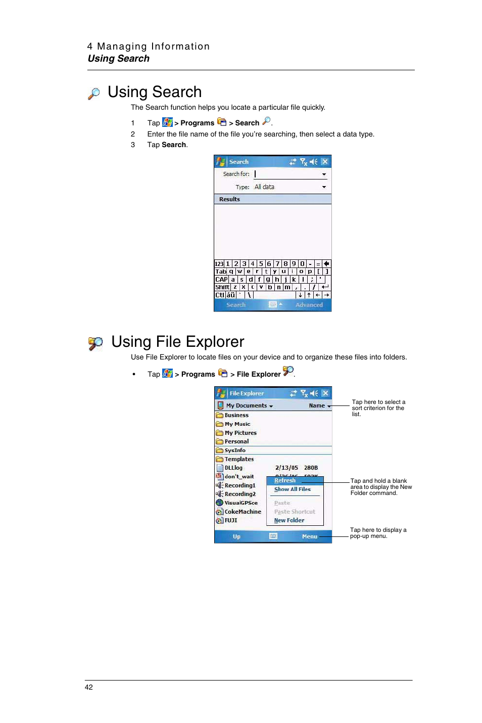 Using search, Using file explorer, Using search using file explorer | Motorola MC35 EDA User Manual | Page 52 / 236