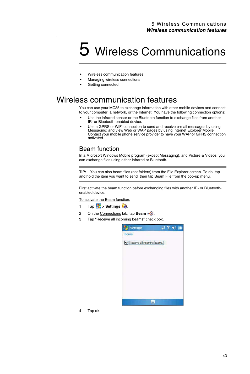 5 wireless communications, Wireless communication features, Beam function | Wireless communications | Motorola MC35 EDA User Manual | Page 53 / 236