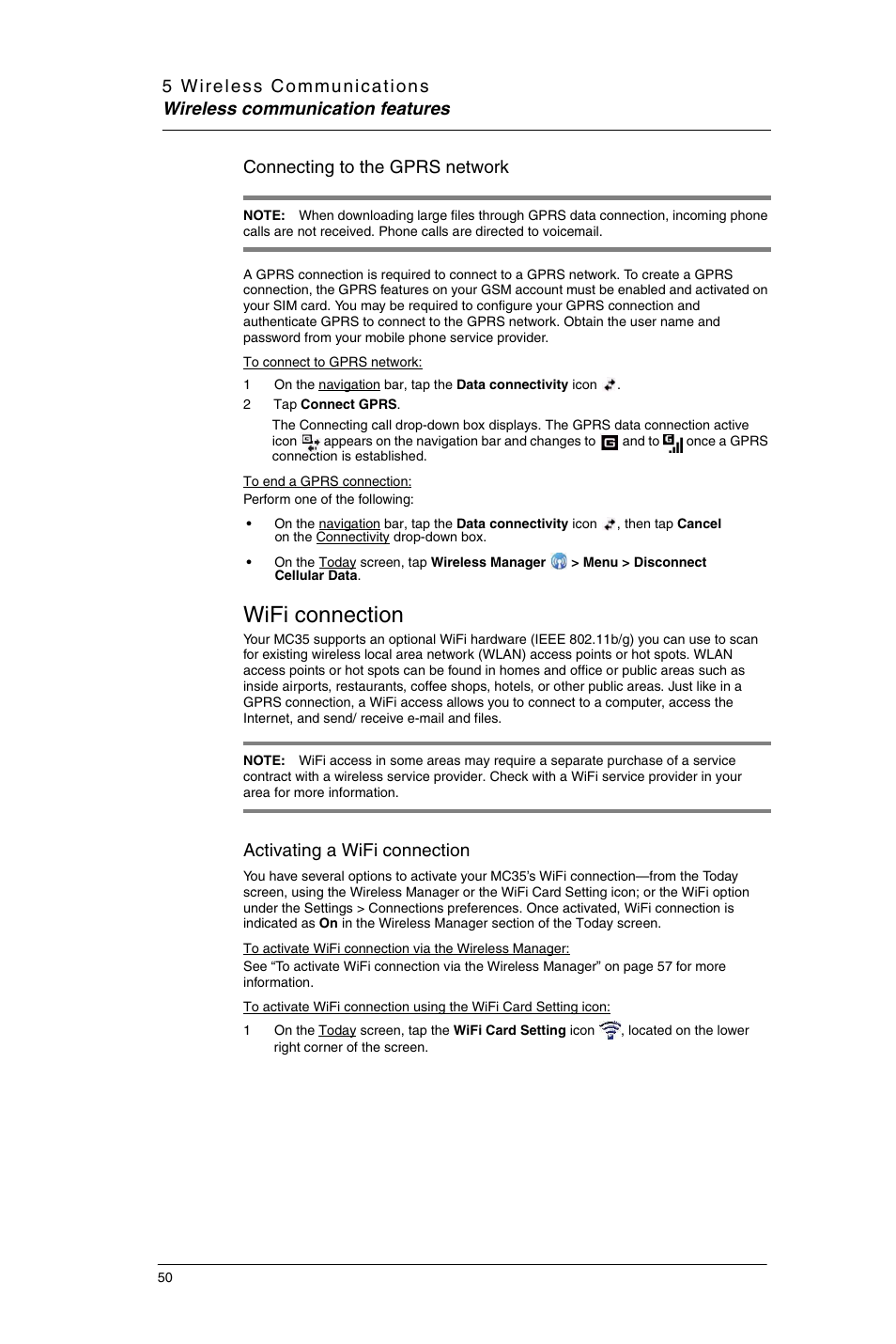 Wifi connection, Connecting to the gprs network, Activating a wifi connection | Motorola MC35 EDA User Manual | Page 60 / 236