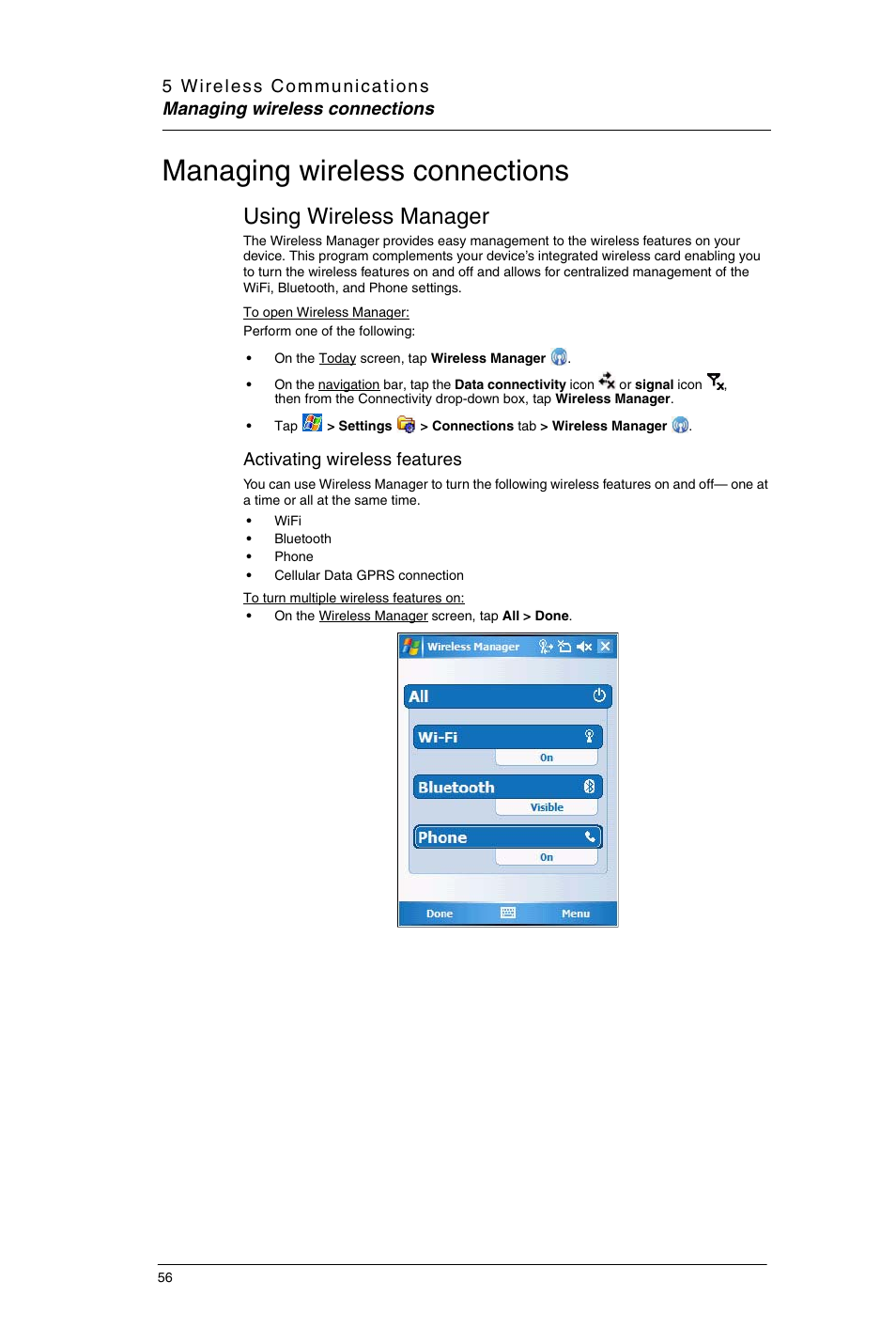 Managing wireless connections, Using wireless manager, Activating wireless features | Motorola MC35 EDA User Manual | Page 66 / 236