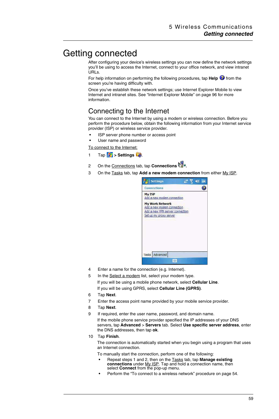 Getting connected, Connecting to the internet | Motorola MC35 EDA User Manual | Page 69 / 236