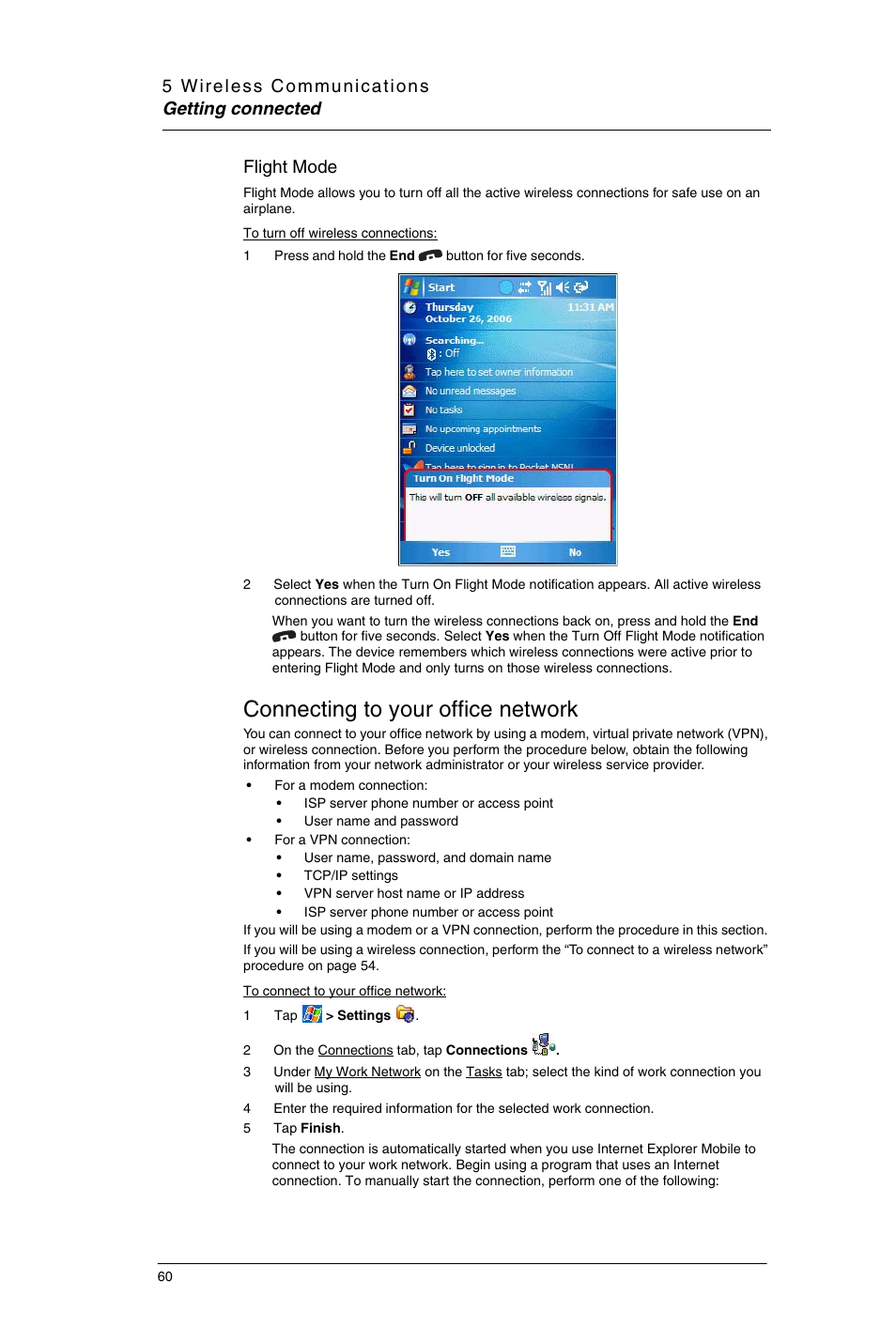 Connecting to your office network, Flight mode | Motorola MC35 EDA User Manual | Page 70 / 236