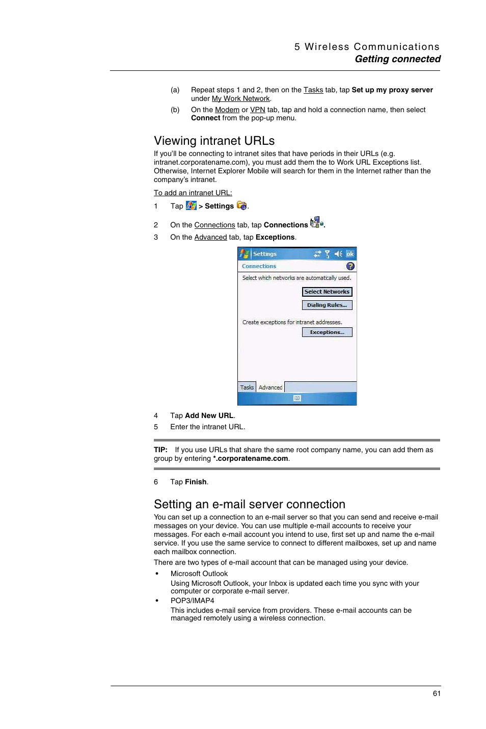 Viewing intranet urls, Setting an e-mail server connection | Motorola MC35 EDA User Manual | Page 71 / 236