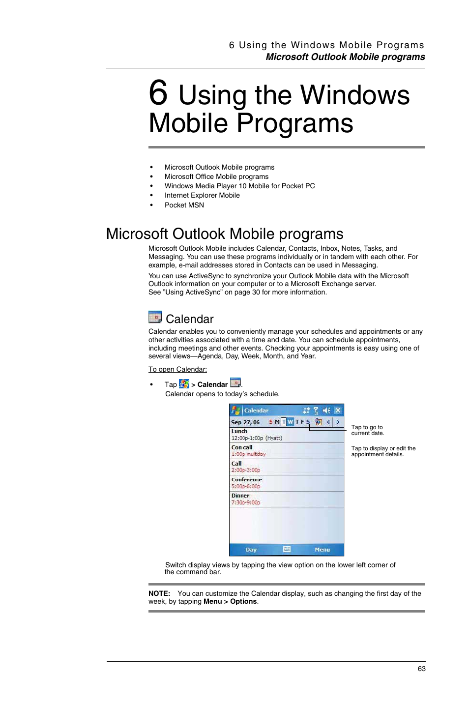 6 using the windows mobile programs, Microsoft outlook mobile programs, Calendar | Using the windows mobile programs | Motorola MC35 EDA User Manual | Page 73 / 236