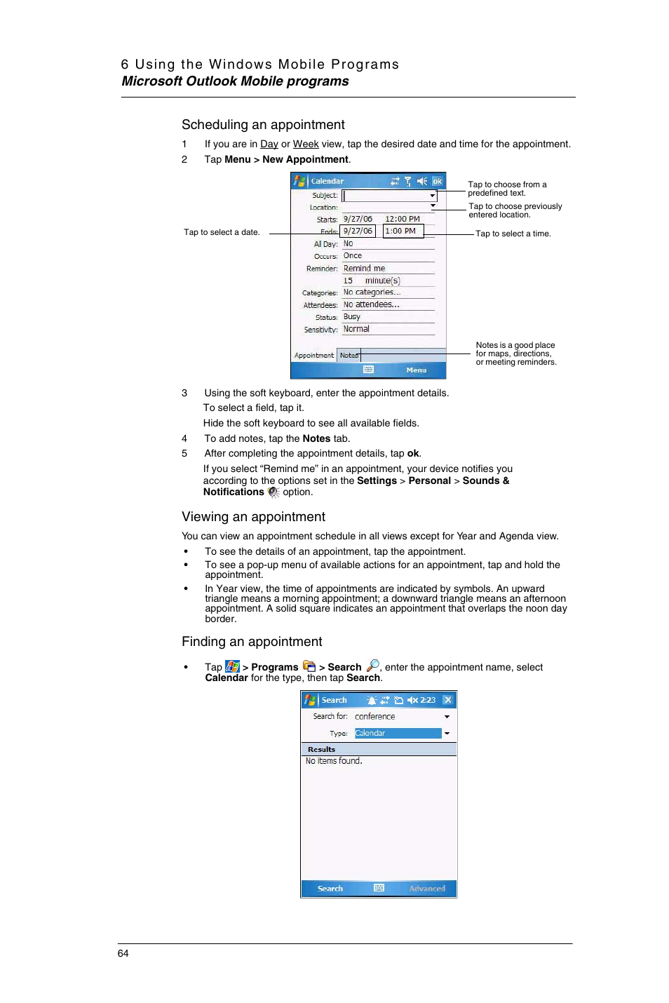 Scheduling an appointment, Viewing an appointment, Finding an appointment | Motorola MC35 EDA User Manual | Page 74 / 236