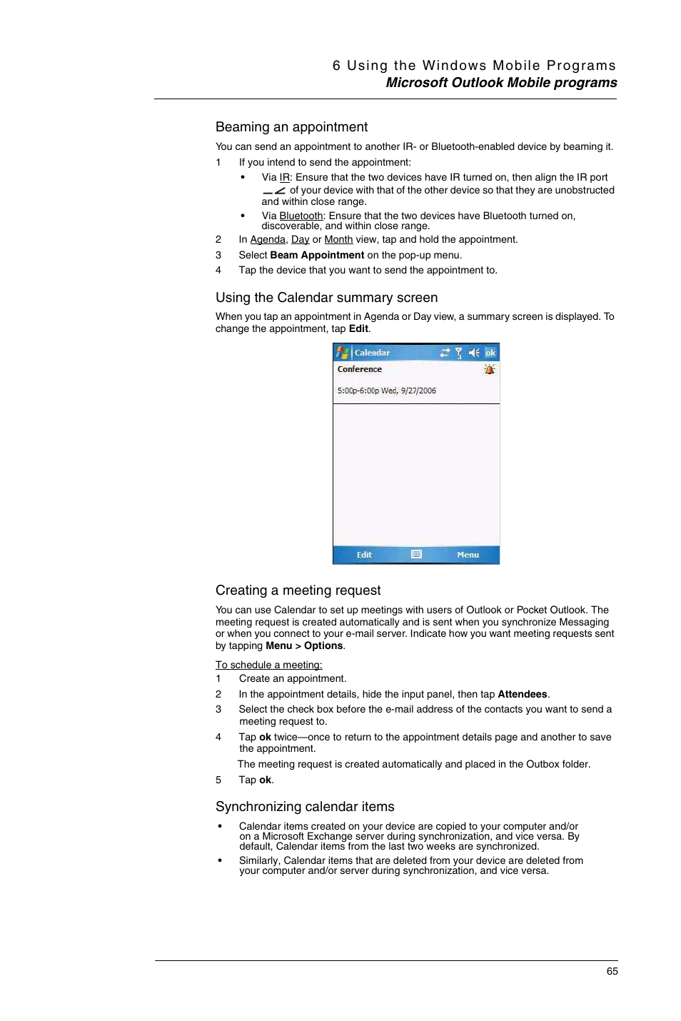 Beaming an appointment, Using the calendar summary screen, Creating a meeting request | Synchronizing calendar items | Motorola MC35 EDA User Manual | Page 75 / 236