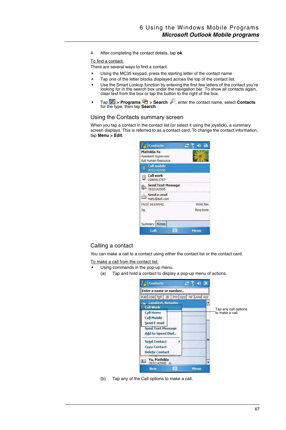 Using the contacts summary screen, Calling a contact | Motorola MC35 EDA User Manual | Page 77 / 236