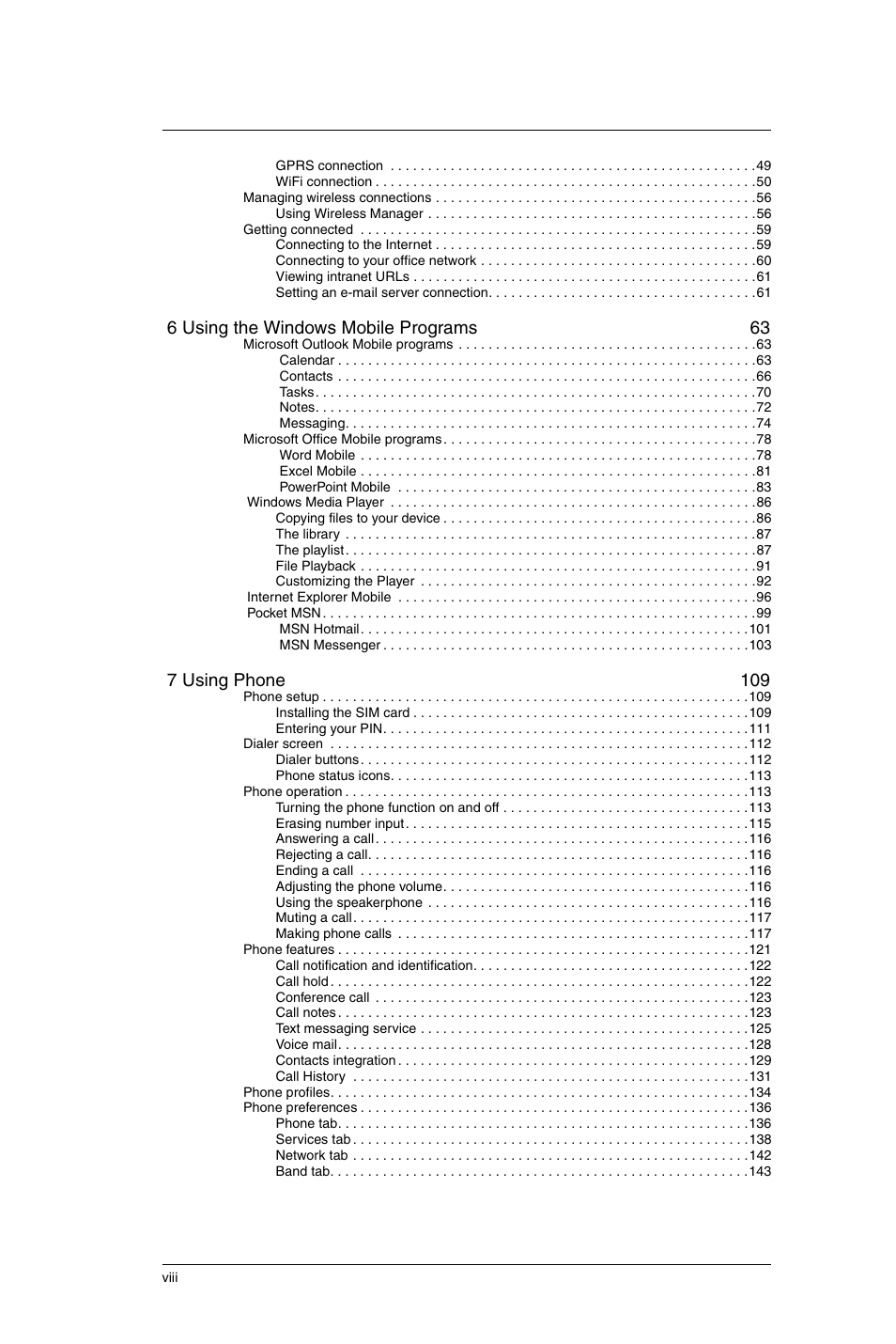 6 using the windows mobile programs 63, 7 using phone 109 | Motorola MC35 EDA User Manual | Page 8 / 236