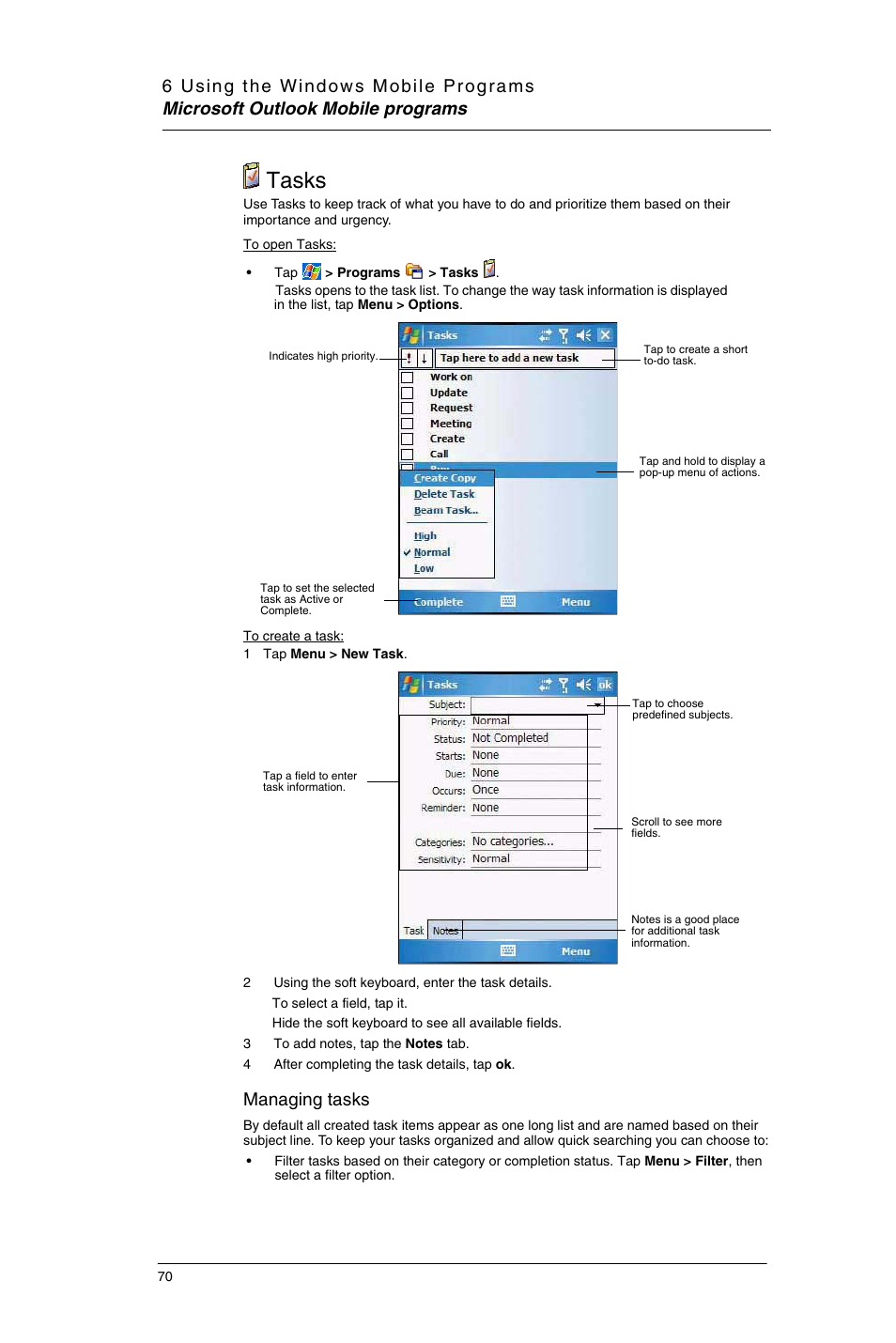 Tasks, Managing tasks | Motorola MC35 EDA User Manual | Page 80 / 236