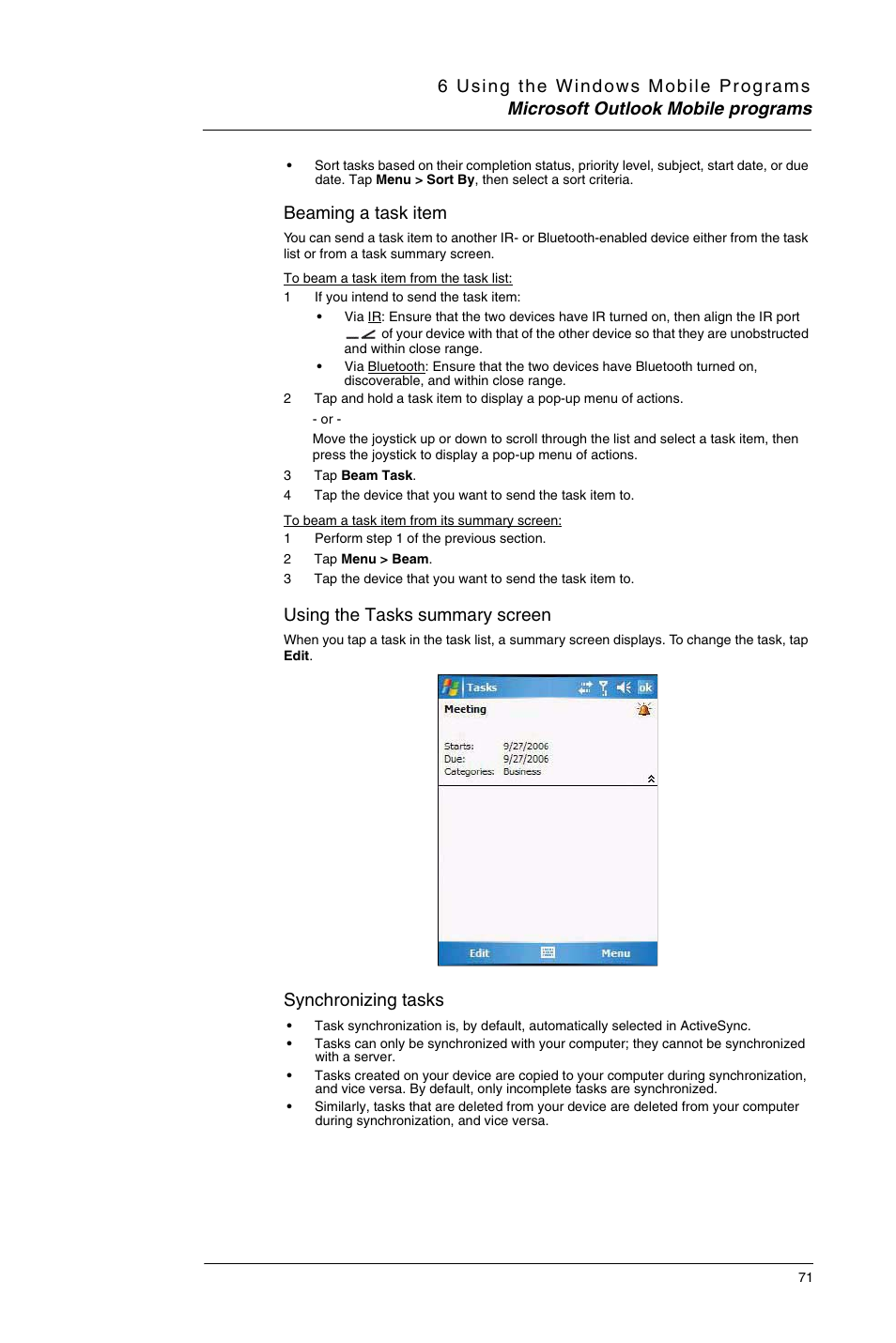 Beaming a task item, Using the tasks summary screen, Synchronizing tasks | Motorola MC35 EDA User Manual | Page 81 / 236