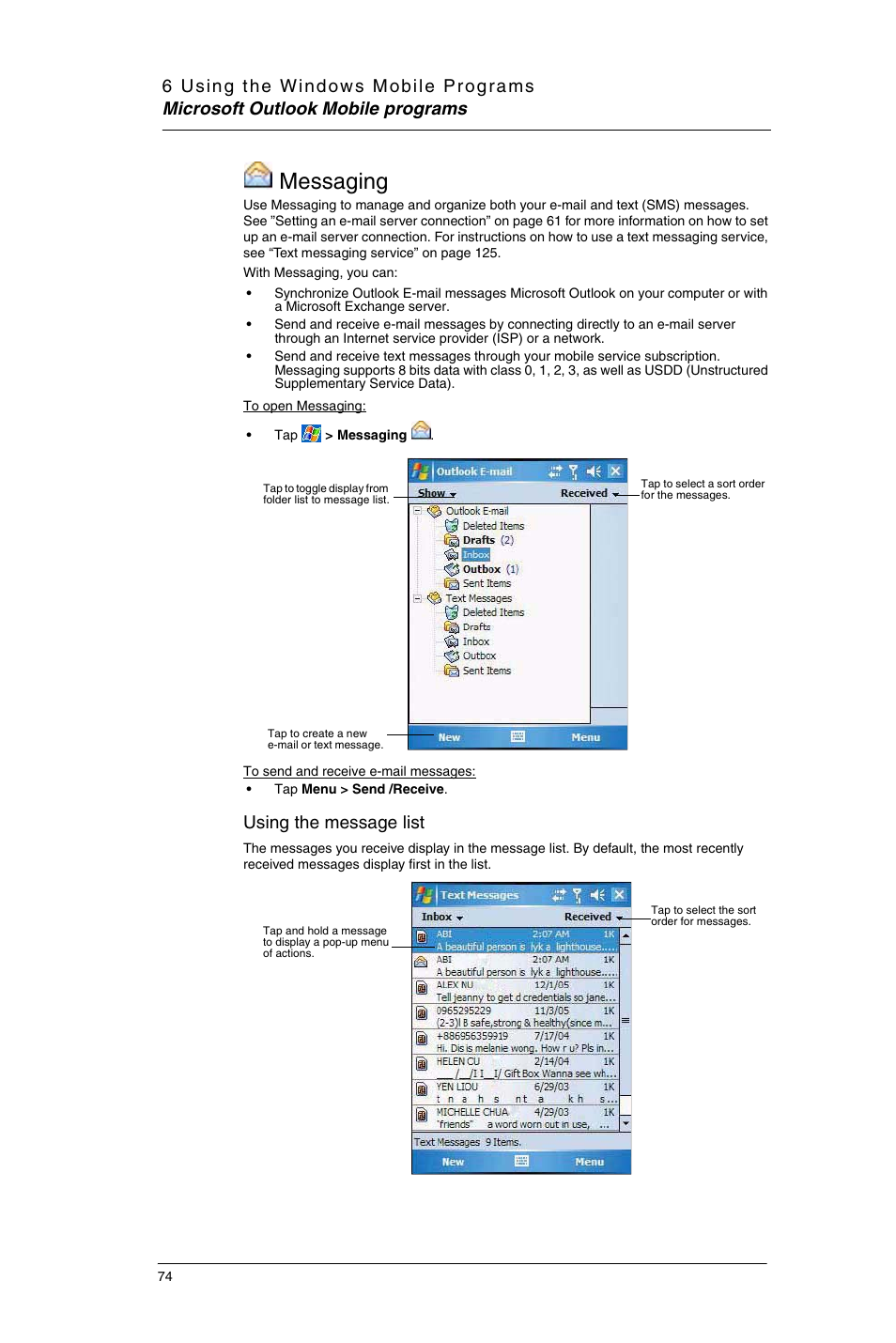 Messaging, Using the message list | Motorola MC35 EDA User Manual | Page 84 / 236