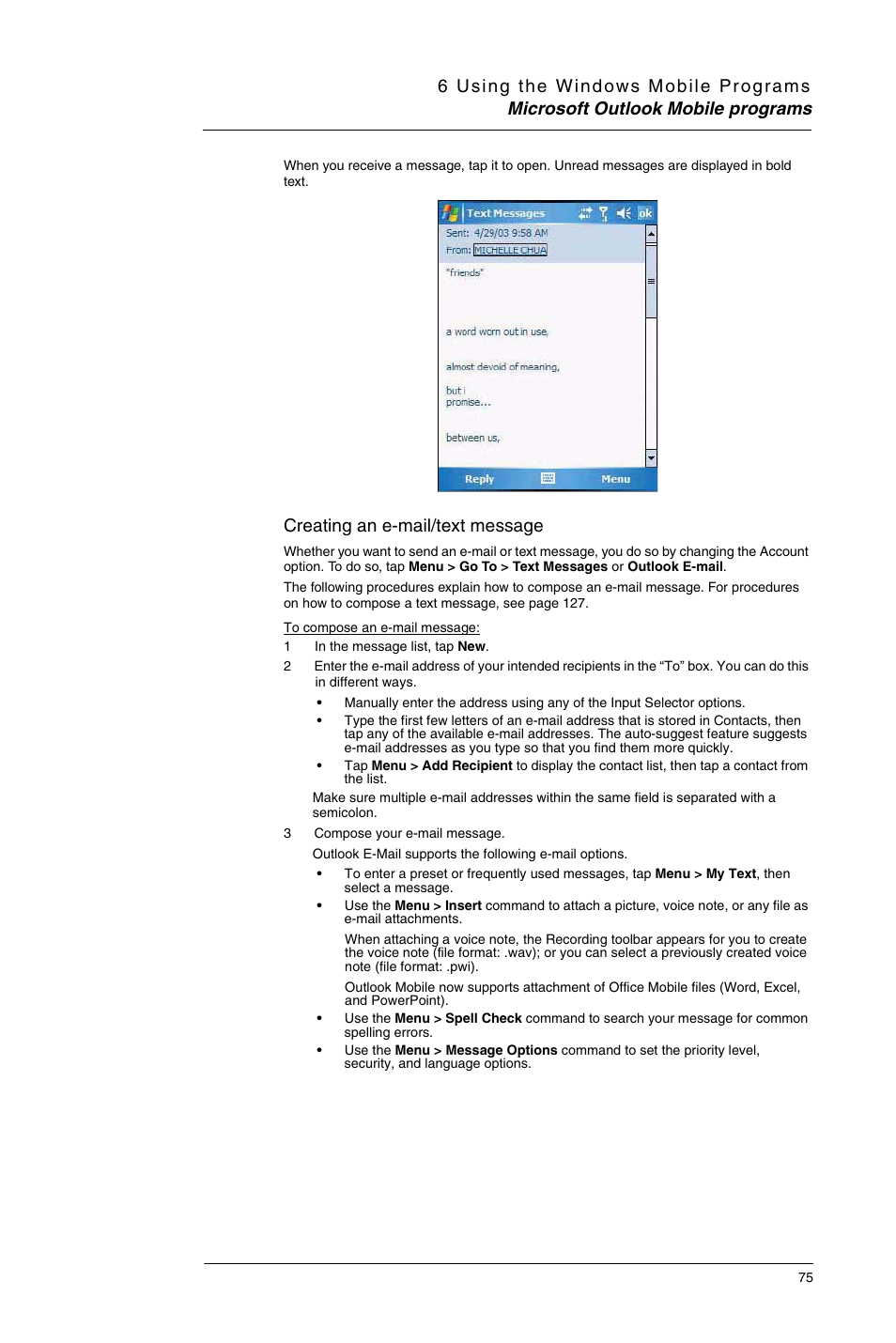 Creating an e-mail/text message | Motorola MC35 EDA User Manual | Page 85 / 236