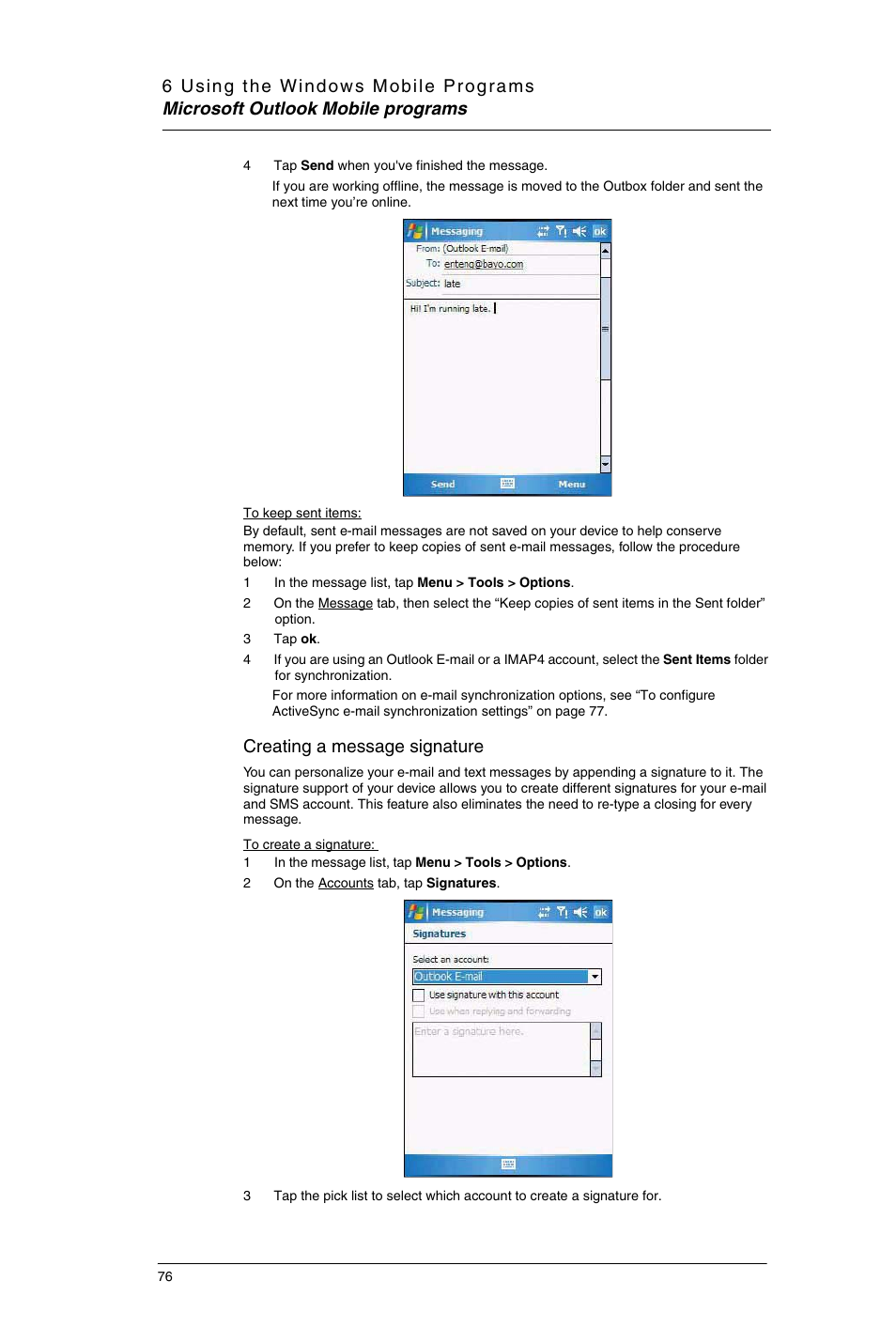 Creating a message signature | Motorola MC35 EDA User Manual | Page 86 / 236