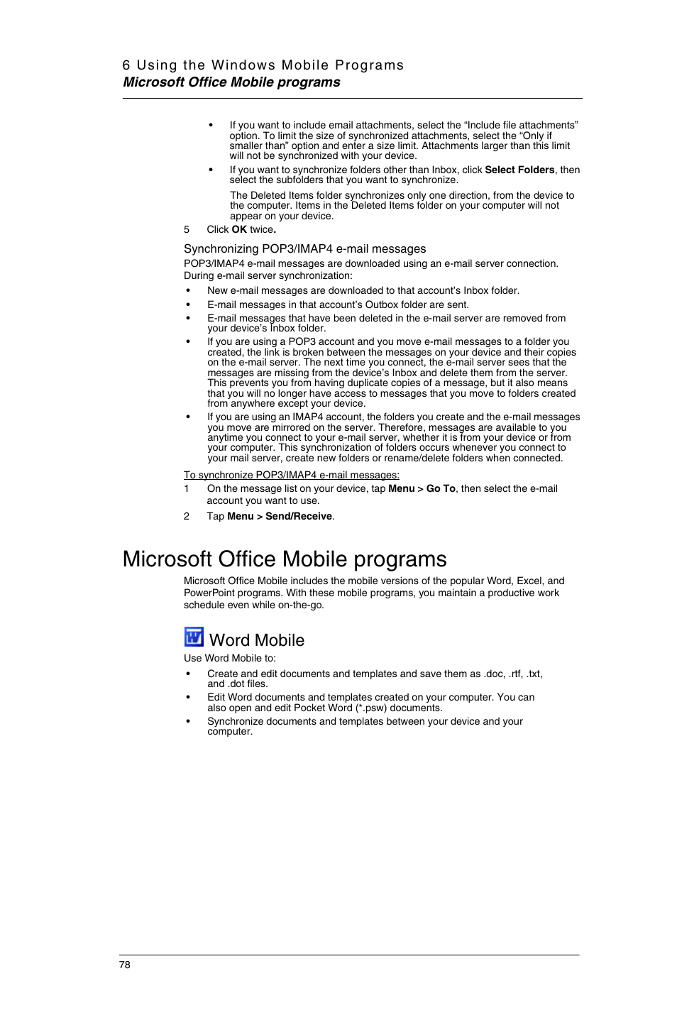 Microsoft office mobile programs, Word mobile | Motorola MC35 EDA User Manual | Page 88 / 236