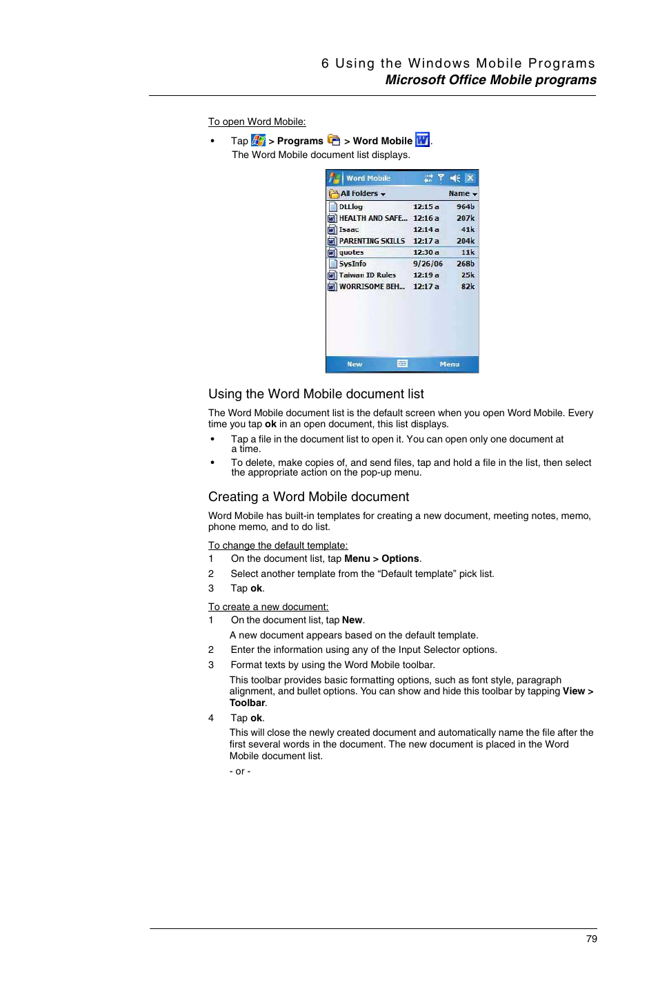 Using the word mobile document list, Creating a word mobile document | Motorola MC35 EDA User Manual | Page 89 / 236