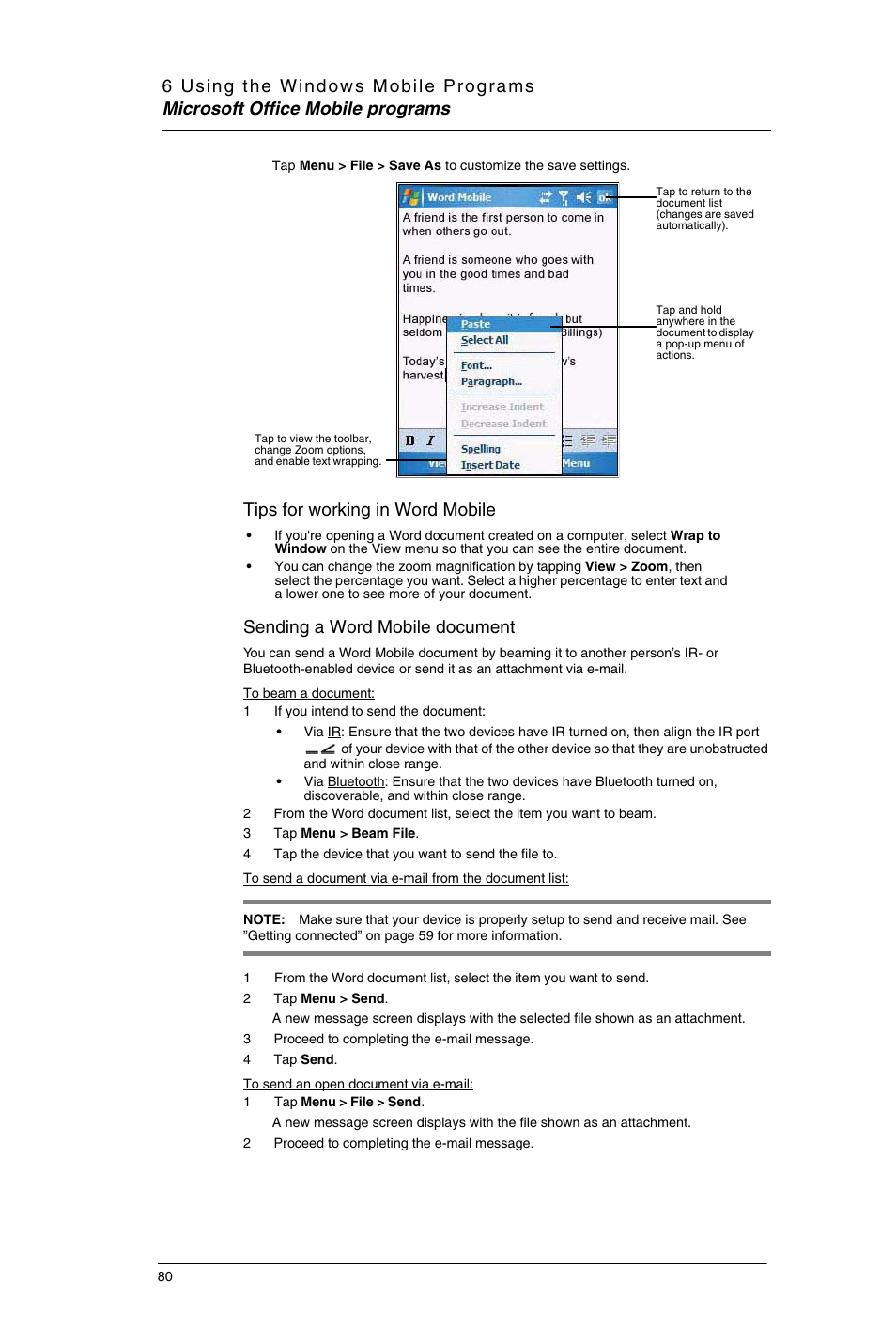 Tips for working in word mobile, Sending a word mobile document | Motorola MC35 EDA User Manual | Page 90 / 236