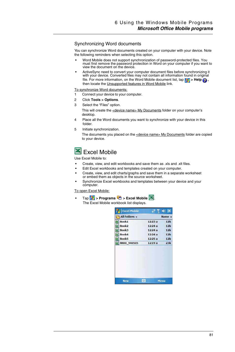 Excel mobile, Synchronizing word documents | Motorola MC35 EDA User Manual | Page 91 / 236