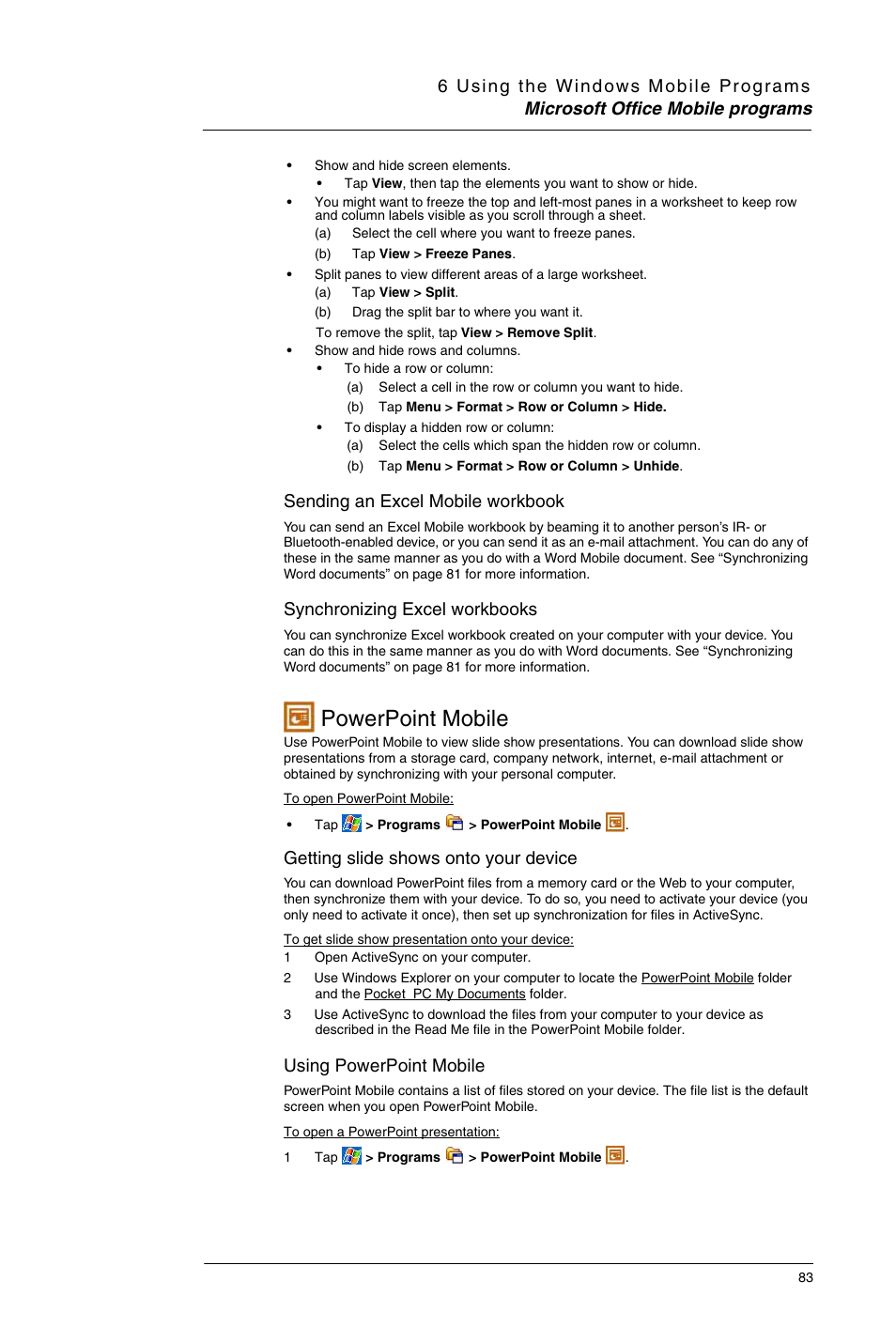 Powerpoint mobile, Sending an excel mobile workbook, Synchronizing excel workbooks | Getting slide shows onto your device, Using powerpoint mobile | Motorola MC35 EDA User Manual | Page 93 / 236