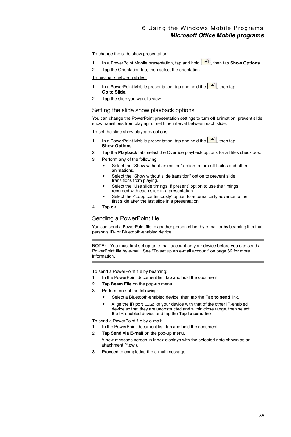 Setting the slide show playback options, Sending a powerpoint file | Motorola MC35 EDA User Manual | Page 95 / 236