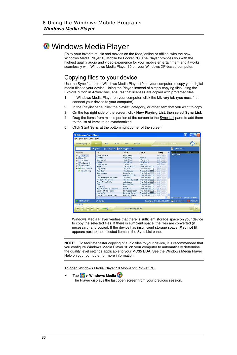 Windows media player, Copying files to your device, Windows | Media, Player | Motorola MC35 EDA User Manual | Page 96 / 236