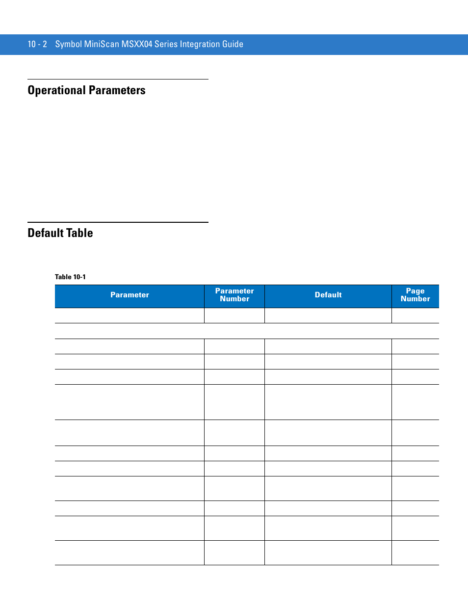 Operational parameters, Default table, Operational parameters -2 default table -2 | Motorola SYMBOL MINISCAN MSXX04 User Manual | Page 108 / 260