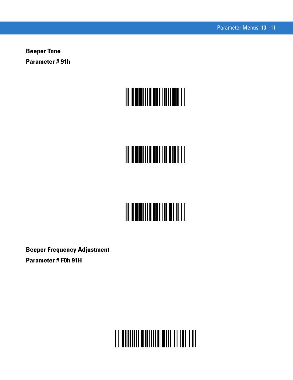 Beeper tone, Beeper frequency adjustment, Beeper tone -11 beeper frequency adjustment -11 | Beeper tone parameter # 91h, Beeper frequency adjustment parameter # f0h 91h | Motorola SYMBOL MINISCAN MSXX04 User Manual | Page 117 / 260