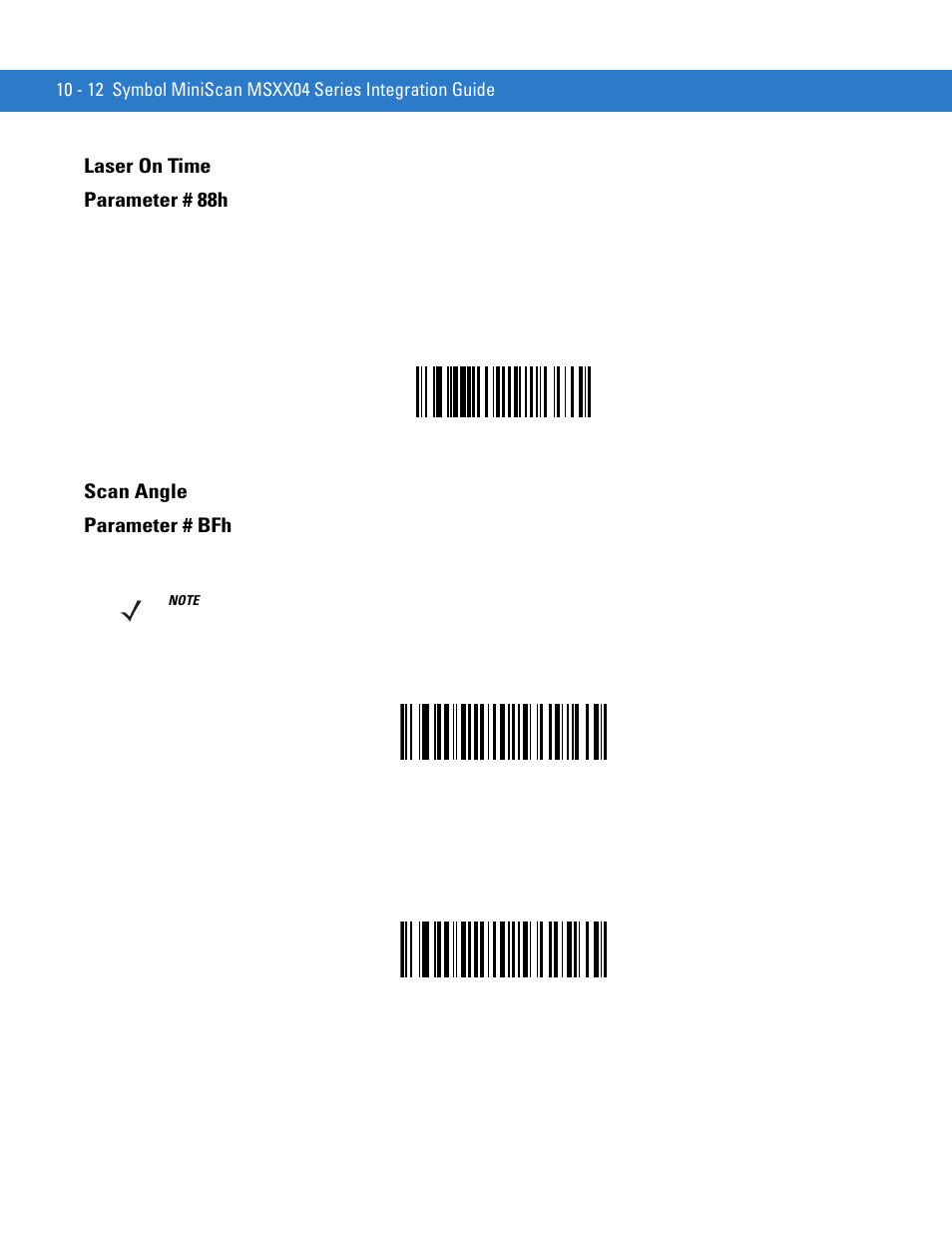 Laser on time, Scan angle, Laser on time -12 scan angle -12 | Laser on time parameter # 88h, Scan angle parameter # bfh | Motorola SYMBOL MINISCAN MSXX04 User Manual | Page 118 / 260