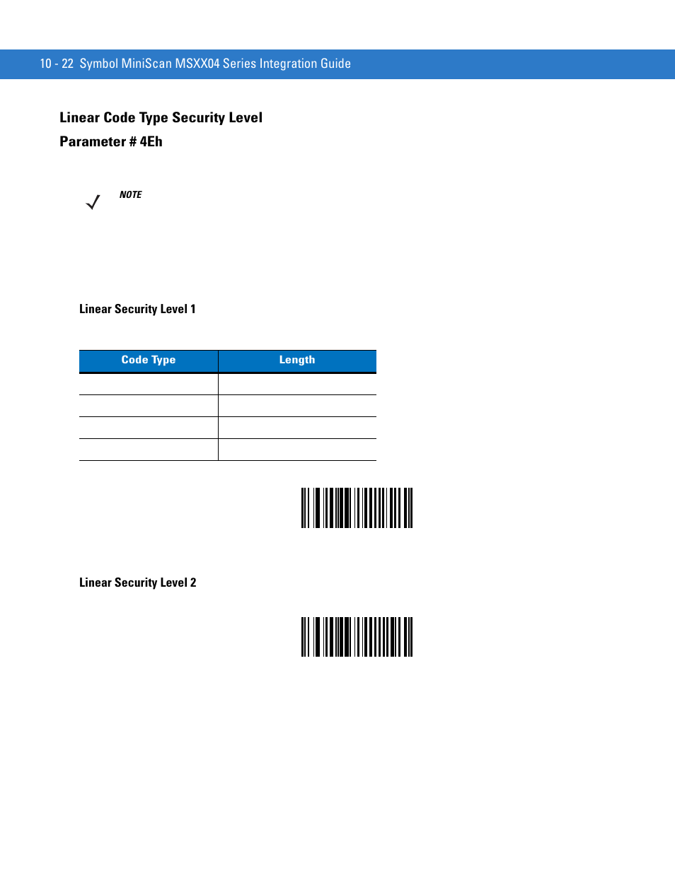 Linear code type security level, Linear code type security level -22, Linear code type security level parameter # 4eh | Motorola SYMBOL MINISCAN MSXX04 User Manual | Page 128 / 260