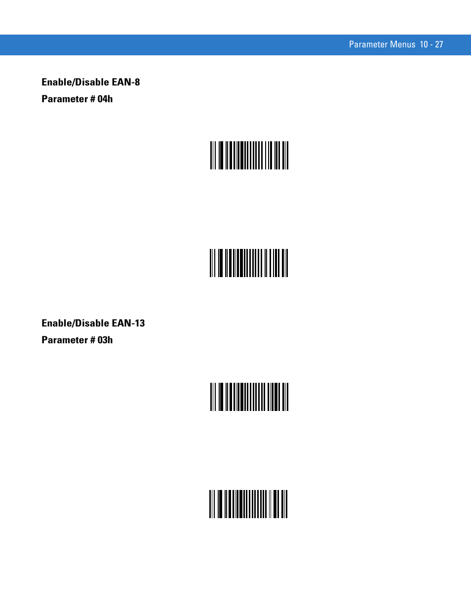 Enable/disable ean-8, Enable/disable ean-13, Enable/disable ean-8 -27 enable/disable ean-13 -27 | Enable/disable ean-8 parameter # 04h, Enable/disable ean-13 parameter # 03h | Motorola SYMBOL MINISCAN MSXX04 User Manual | Page 133 / 260