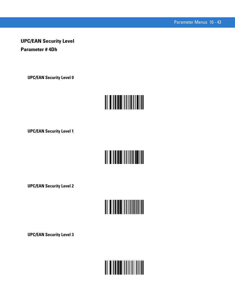 Upc/ean security level, Upc/ean security level -43, Upc/ean security level parameter # 4dh | Motorola SYMBOL MINISCAN MSXX04 User Manual | Page 149 / 260