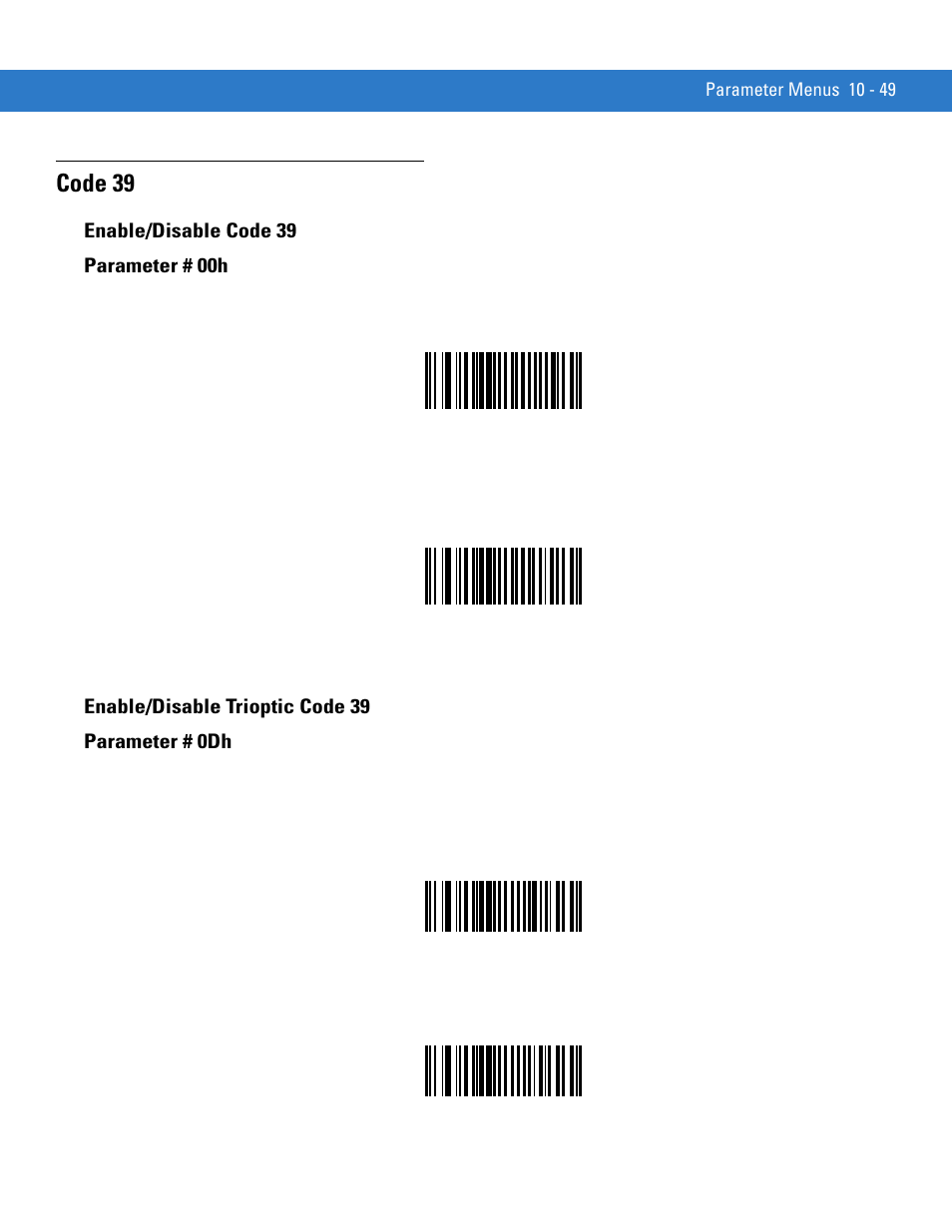 Code 39, Enable/disable code 39, Enable/disable trioptic code 39 | Code 39 -49 | Motorola SYMBOL MINISCAN MSXX04 User Manual | Page 155 / 260