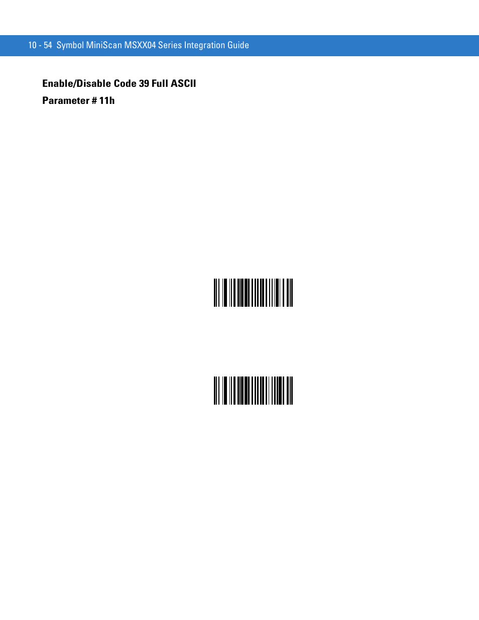 Enable/disable code 39 full ascii, Enable/disable code 39 full ascii -54, Enable/disable code 39 full ascii parameter # 11h | Motorola SYMBOL MINISCAN MSXX04 User Manual | Page 160 / 260