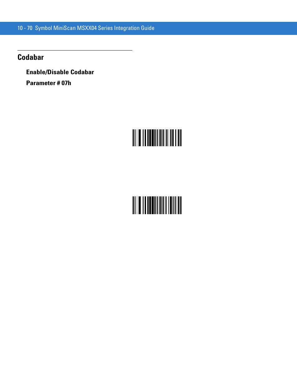 Codabar, Enable/disable codabar, Codabar -70 | Enable/disable codabar -70 | Motorola SYMBOL MINISCAN MSXX04 User Manual | Page 176 / 260