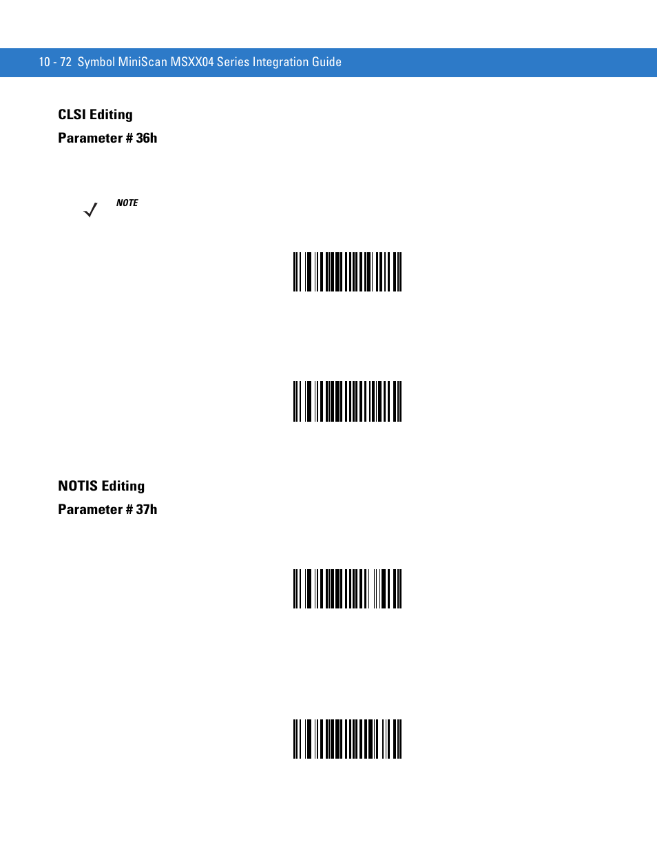 Clsi editing, Notis editing, Clsi editing -72 notis editing -72 | Clsi editing parameter # 36h, Notis editing parameter # 37h | Motorola SYMBOL MINISCAN MSXX04 User Manual | Page 178 / 260