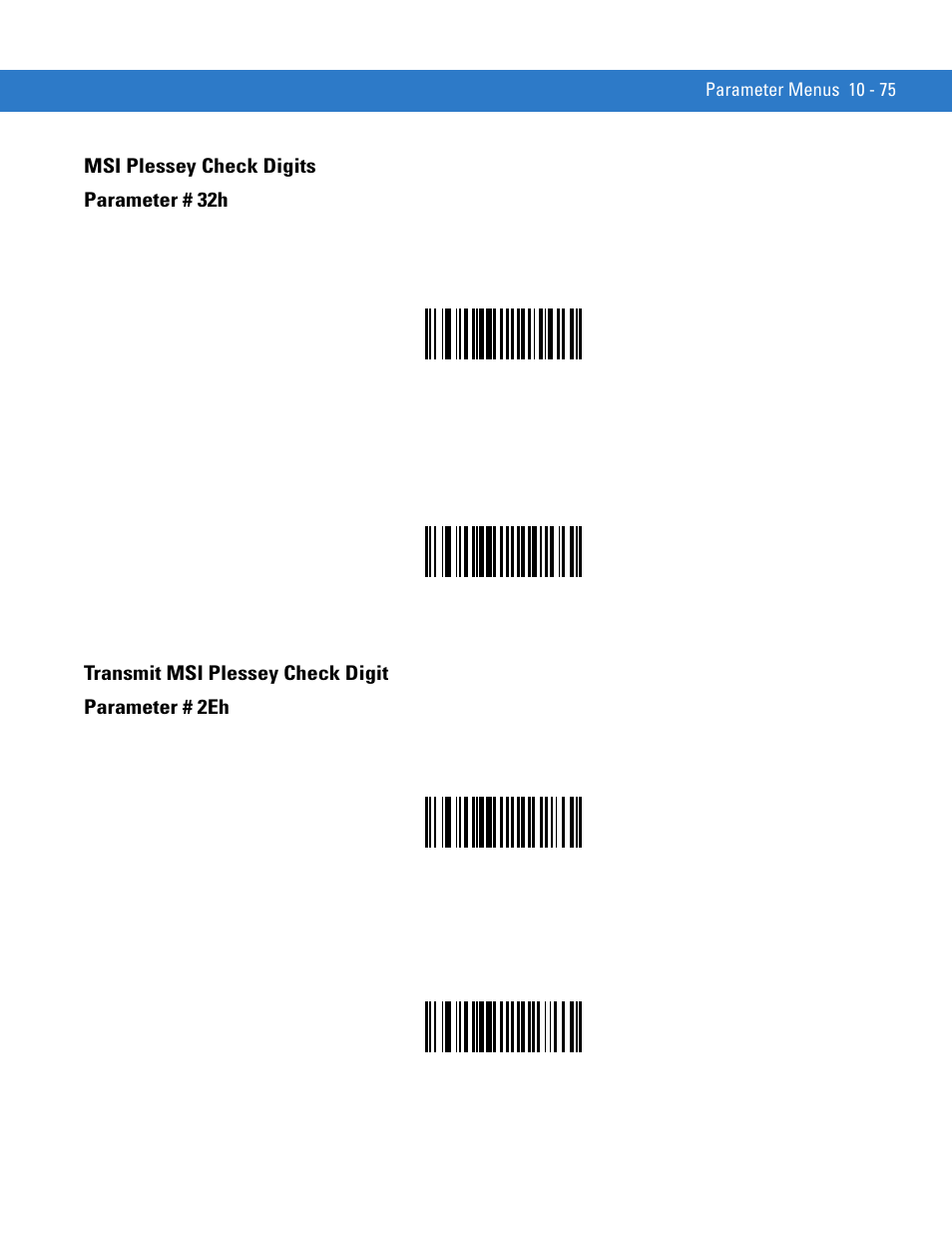 Msi plessey check digits, Transmit msi plessey check digit, Msi plessey check digits parameter # 32h | Transmit msi plessey check digit parameter # 2eh | Motorola SYMBOL MINISCAN MSXX04 User Manual | Page 181 / 260