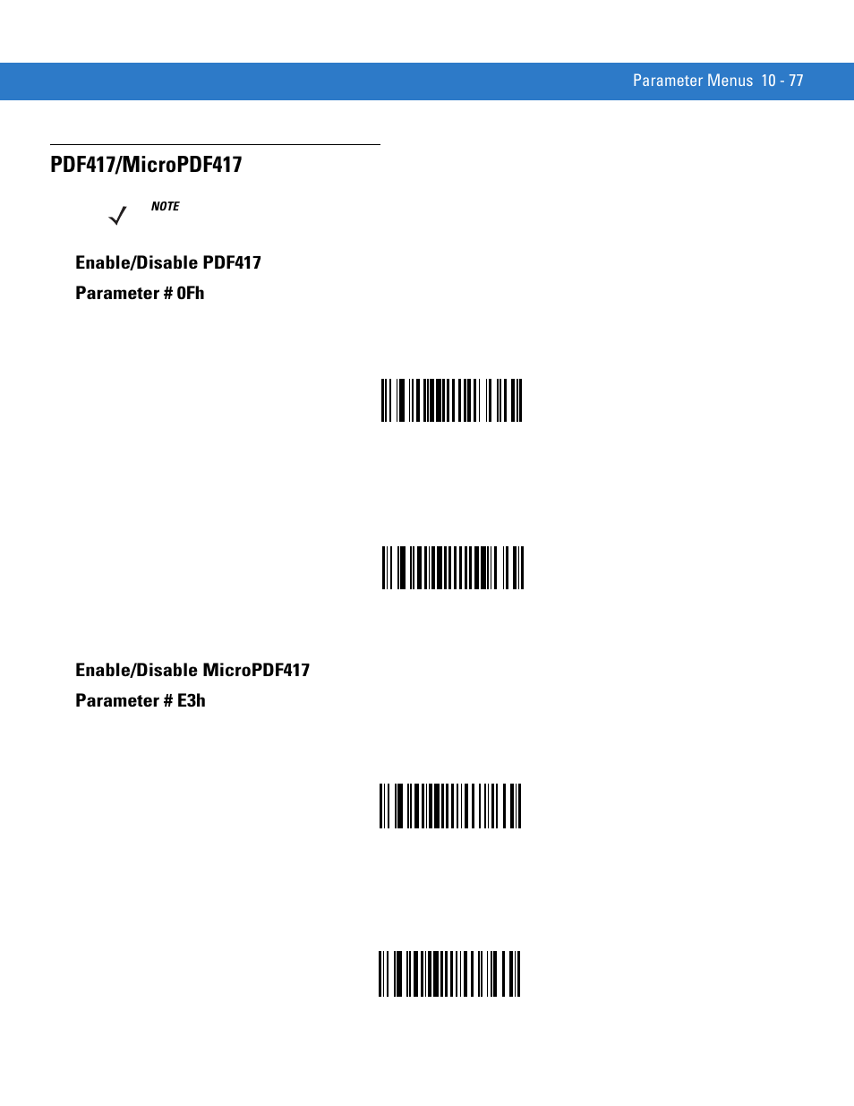 Pdf417/micropdf417, Enable/disable pdf417, Enable/disable micropdf417 | Pdf417/micropdf417 -77 | Motorola SYMBOL MINISCAN MSXX04 User Manual | Page 183 / 260