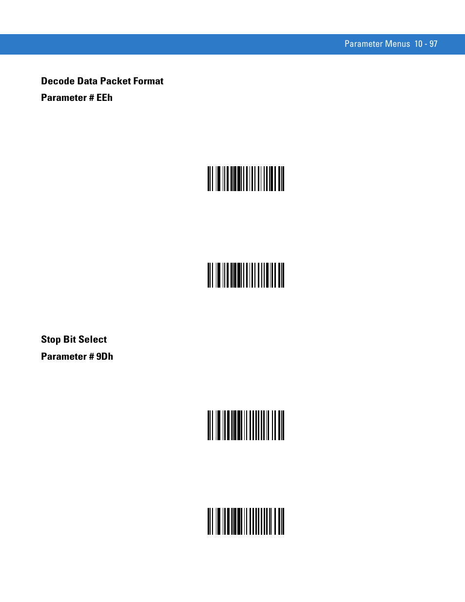 Decode data packet format, Stop bit select, Decode data packet format -97 stop bit select -97 | Decode data packet format parameter # eeh, Stop bit select parameter # 9dh | Motorola SYMBOL MINISCAN MSXX04 User Manual | Page 203 / 260