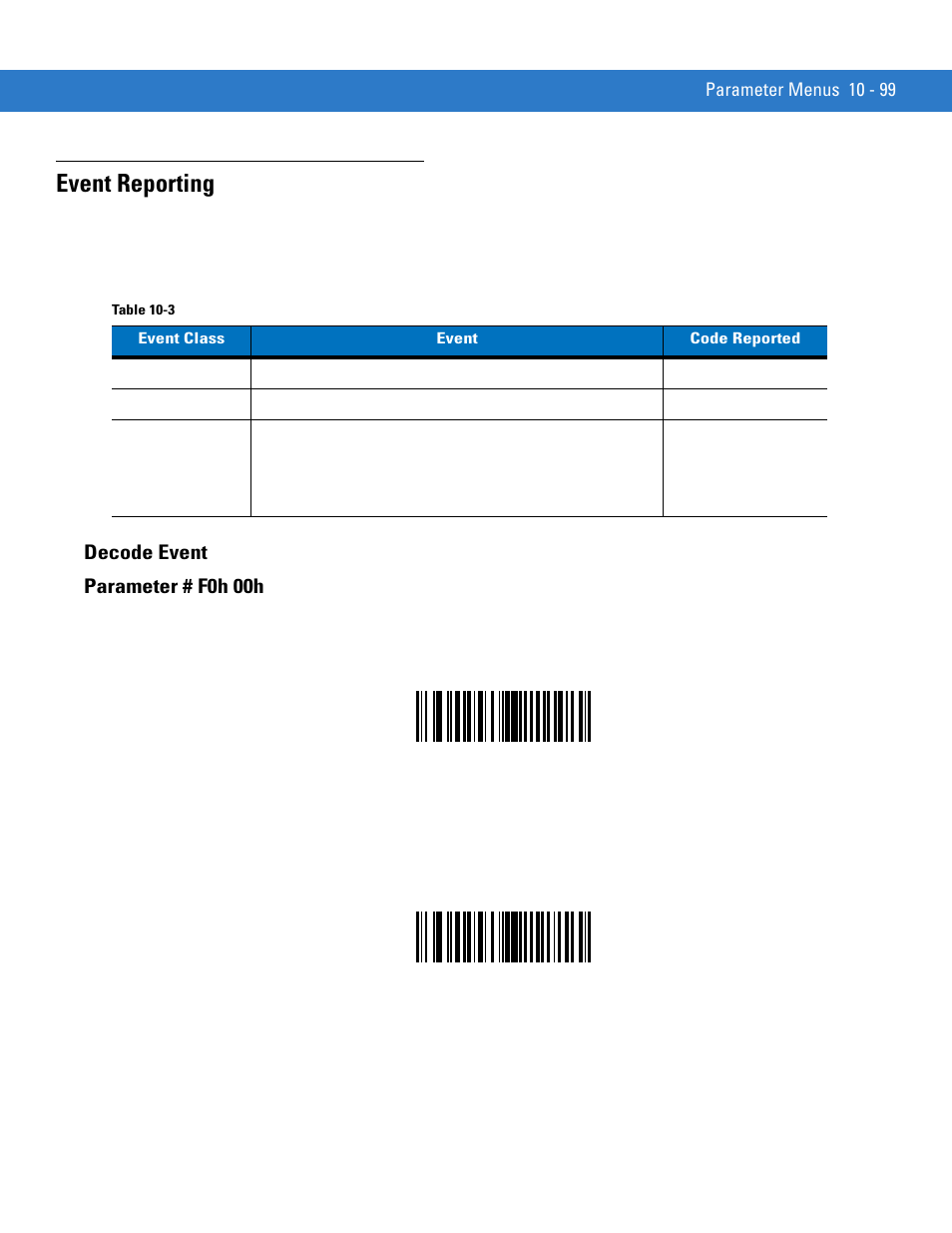 Event reporting, Decode event, Event reporting -99 | Decode event -99, Decode event parameter # f0h 00h | Motorola SYMBOL MINISCAN MSXX04 User Manual | Page 205 / 260