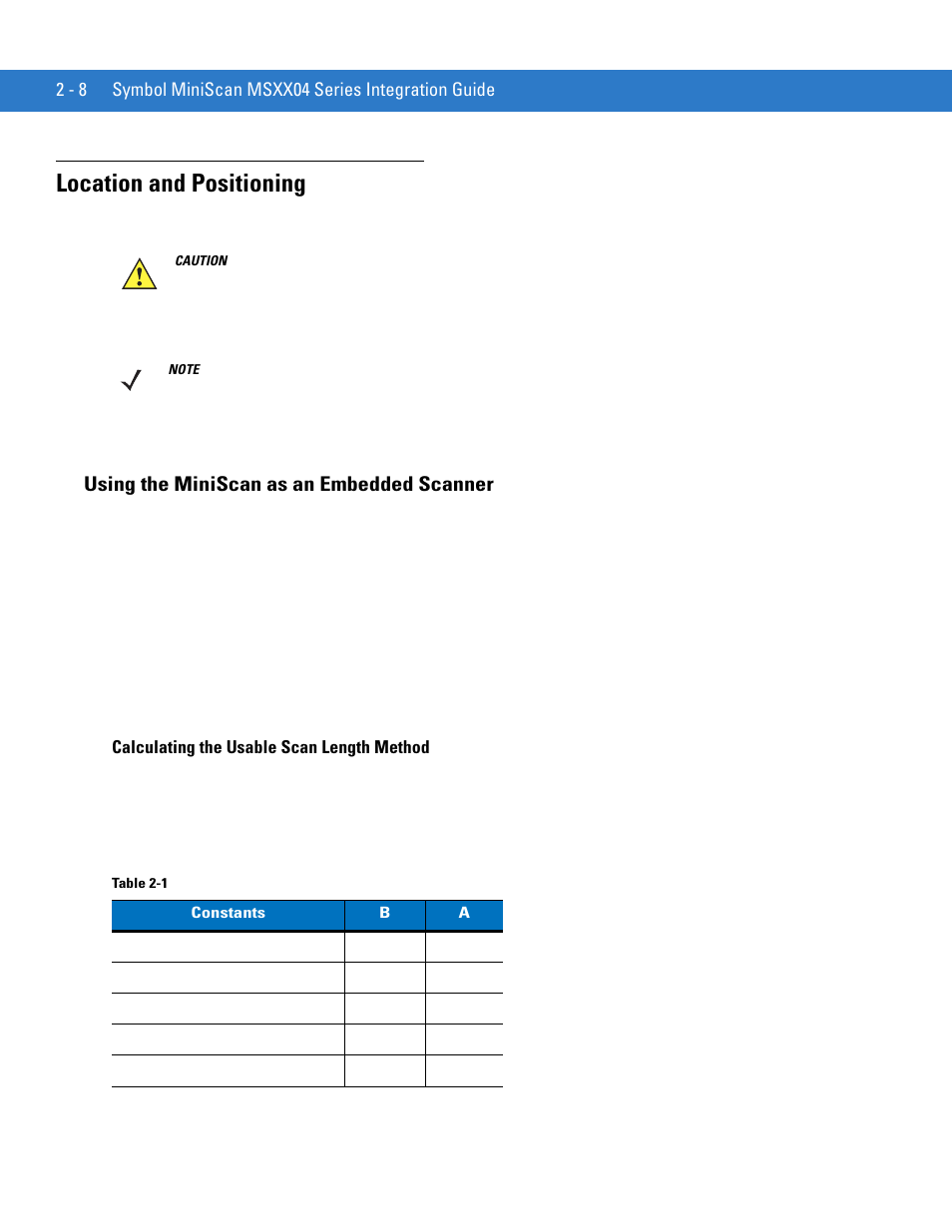 Location and positioning, Using the miniscan as an embedded scanner, Location and positioning -8 | Using the miniscan as an embedded scanner -8 | Motorola SYMBOL MINISCAN MSXX04 User Manual | Page 32 / 260