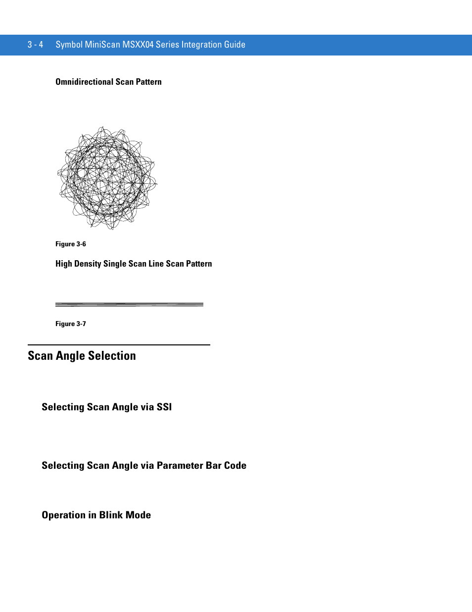 Scan angle selection, Selecting scan angle via ssi, Selecting scan angle via parameter bar code | Operation in blink mode, Scan angle selection -4 | Motorola SYMBOL MINISCAN MSXX04 User Manual | Page 46 / 260