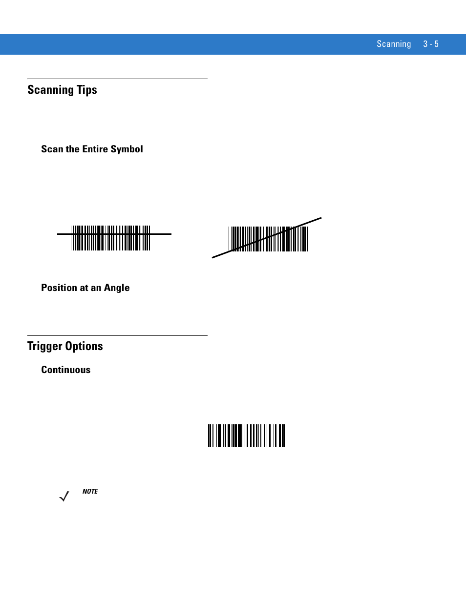 Scanning tips, Scan the entire symbol, Position at an angle | Trigger options, Continuous, Scanning tips -5, Scan the entire symbol -5 position at an angle -5, Trigger options -5, Continuous -5 | Motorola SYMBOL MINISCAN MSXX04 User Manual | Page 47 / 260