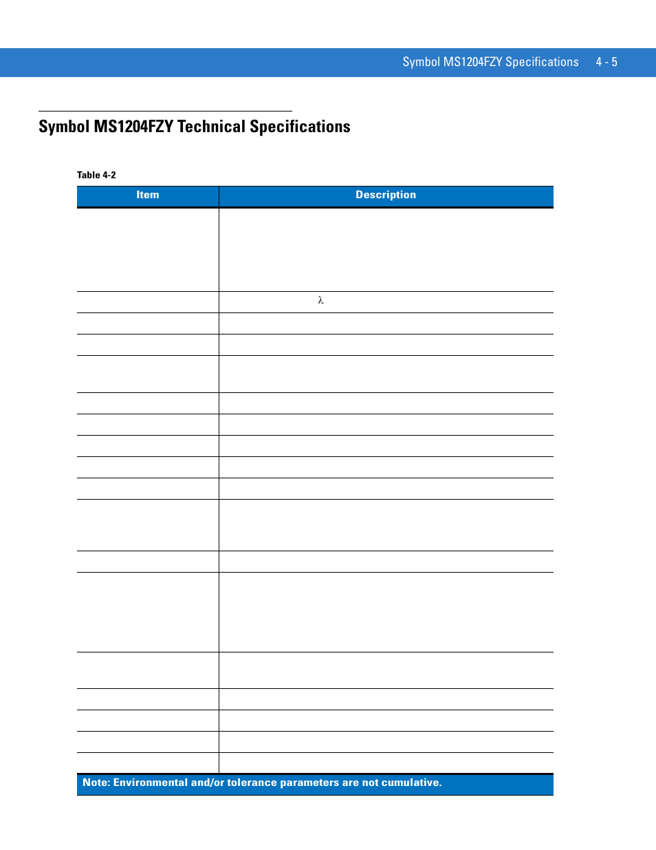 Symbol ms1204fzy technical specifications, Symbol ms1204fzy technical specifications -5 | Motorola SYMBOL MINISCAN MSXX04 User Manual | Page 55 / 260