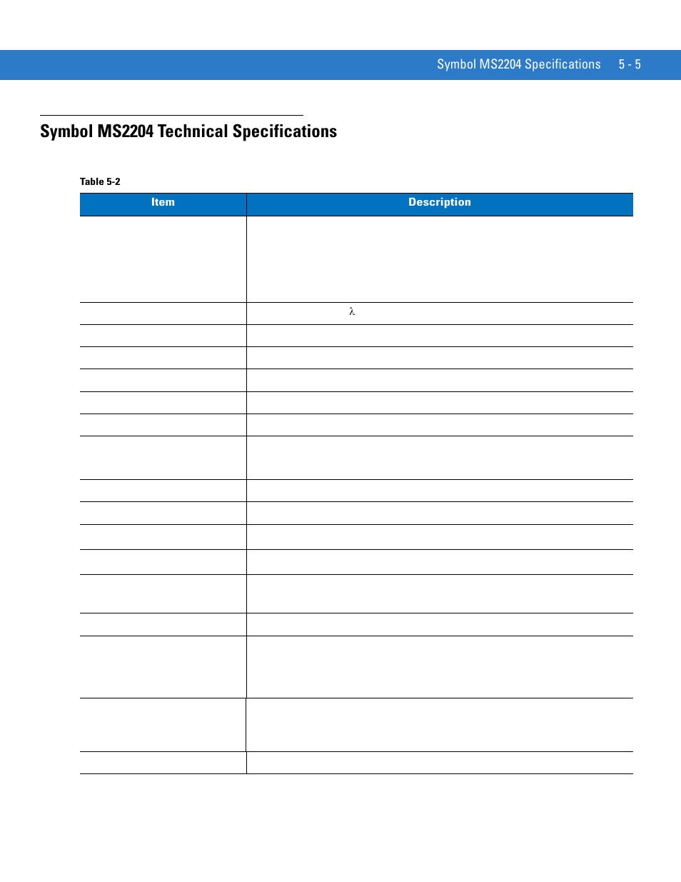 Symbol ms2204 technical specifications, Symbol ms2204 technical specifications -5 | Motorola SYMBOL MINISCAN MSXX04 User Manual | Page 63 / 260