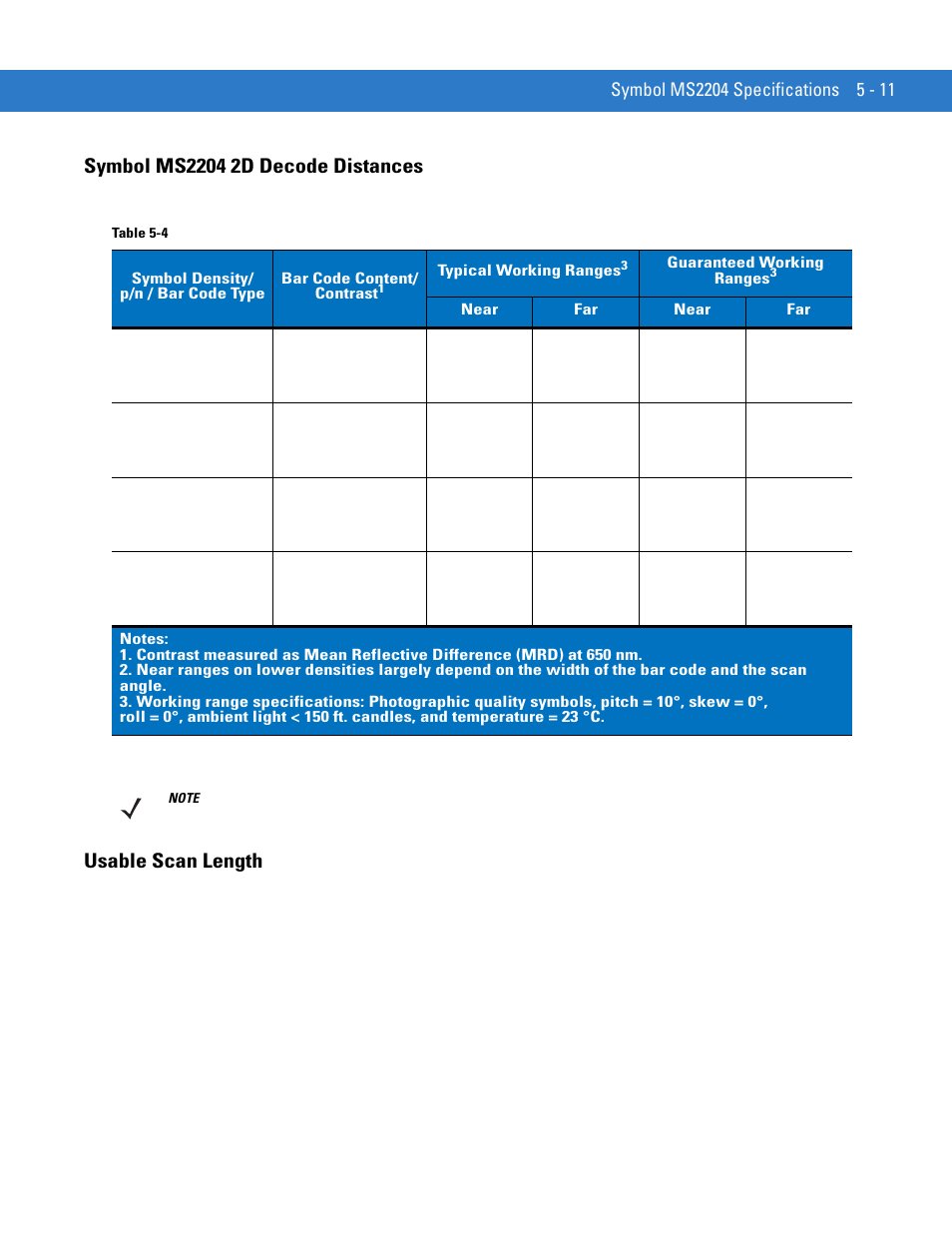 Symbol ms2204 2d decode distances, Usable scan length | Motorola SYMBOL MINISCAN MSXX04 User Manual | Page 69 / 260