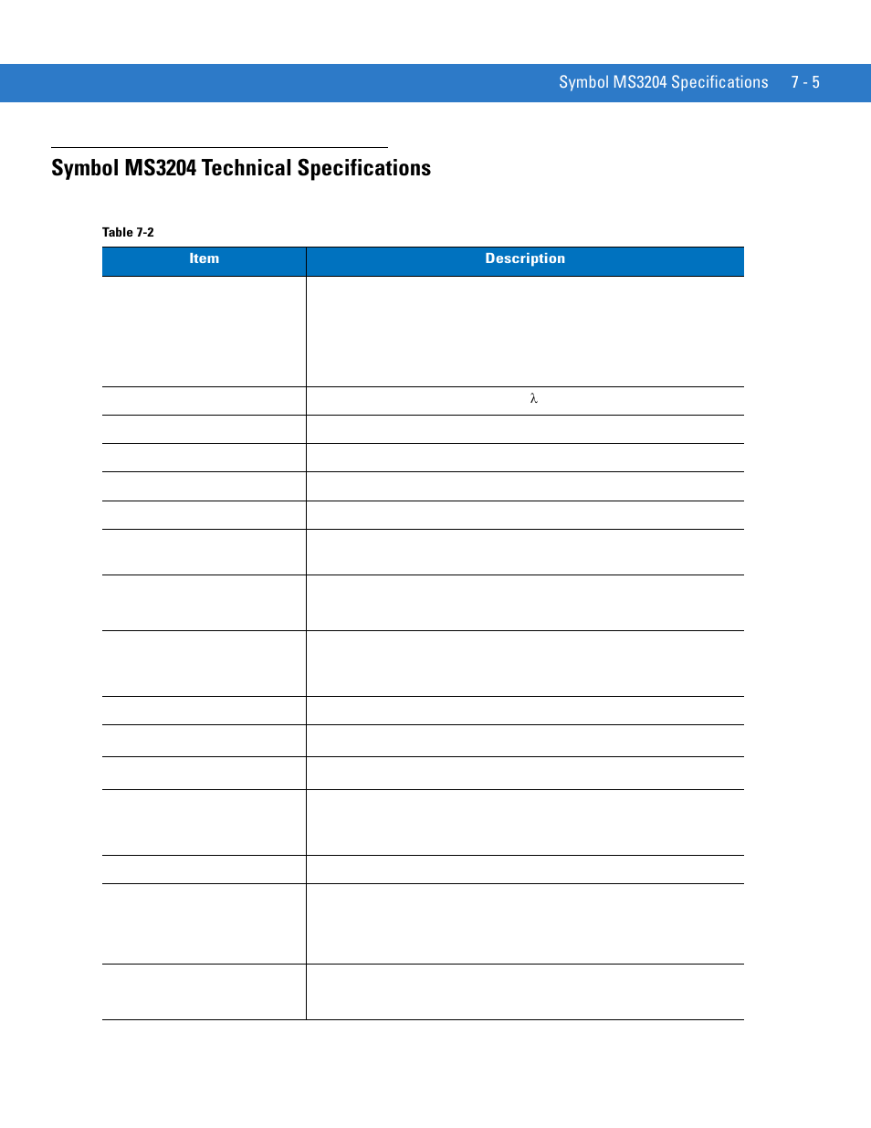 Symbol ms3204 technical specifications, Symbol ms3204 technical specifications -5 | Motorola SYMBOL MINISCAN MSXX04 User Manual | Page 87 / 260