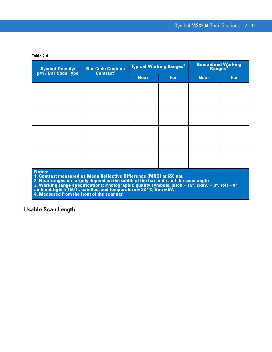 Usable scan length, Usable scan length -11 | Motorola SYMBOL MINISCAN MSXX04 User Manual | Page 93 / 260