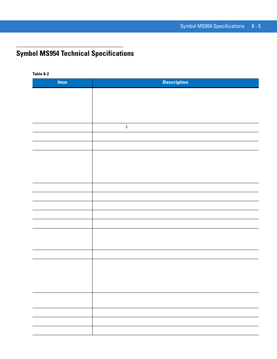 Symbol ms954 technical specifications, Symbol ms954 technical specifications -5 | Motorola SYMBOL MINISCAN MSXX04 User Manual | Page 99 / 260