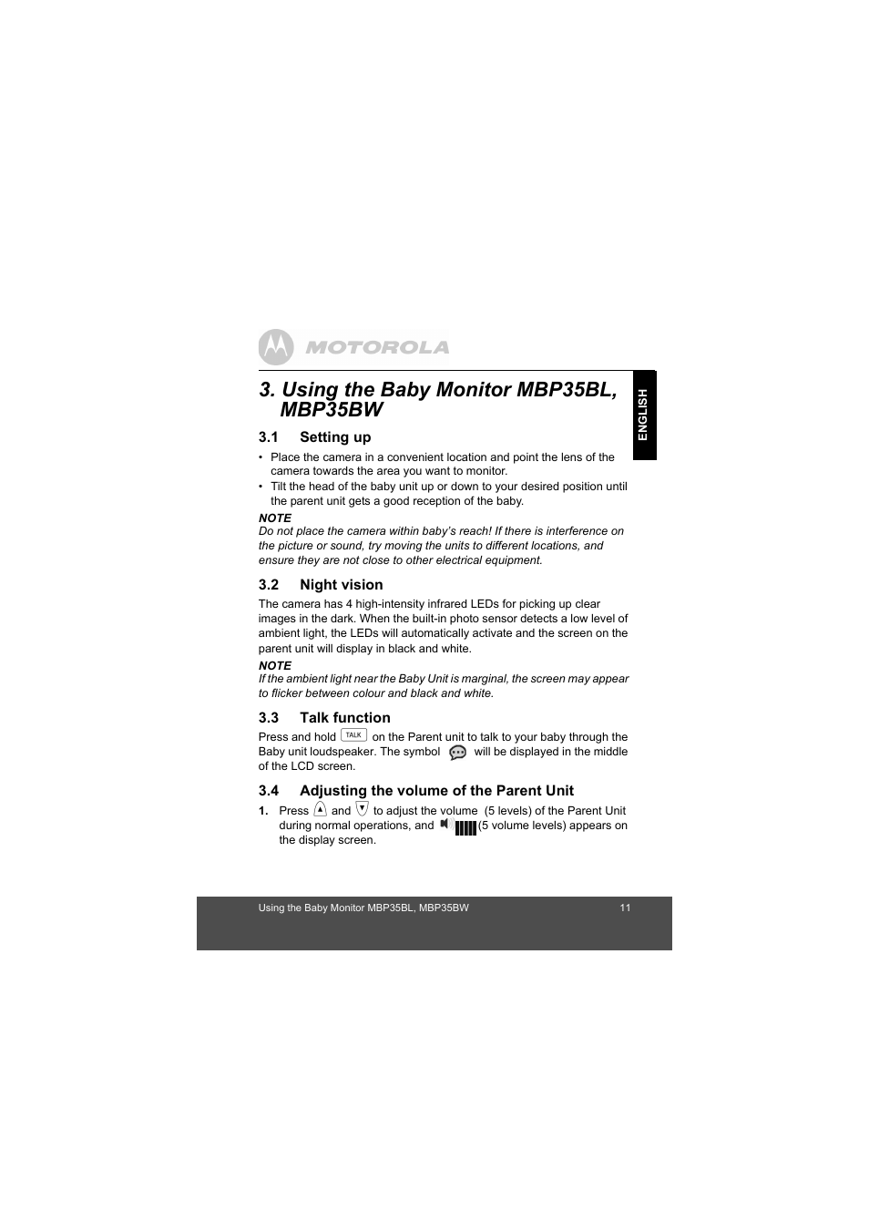 Using the baby monitor mbp35bl, mbp35bw, Setting up, Night vision | Talk function, Adjusting the volume of the parent unit | Motorola MBP35BL User Manual | Page 11 / 25