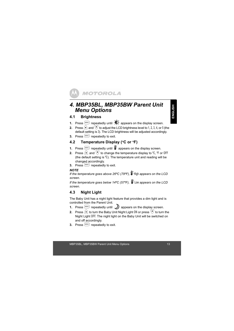 Brightness, Temperature display (ºc or ºf), Night light | Mbp35bl, mbp35bw parent unit menu options | Motorola MBP35BL User Manual | Page 13 / 25