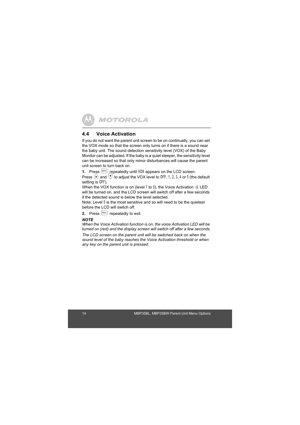 Voice activation | Motorola MBP35BL User Manual | Page 14 / 25